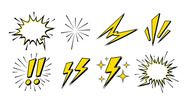Collection of comic book style explosions and lightning bolt graphics