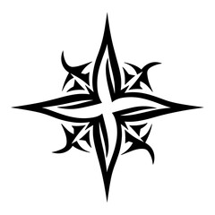 Fototapeta premium A stylized compass features intricate tribal motifs with bold black and white lines, symmetrical wings,