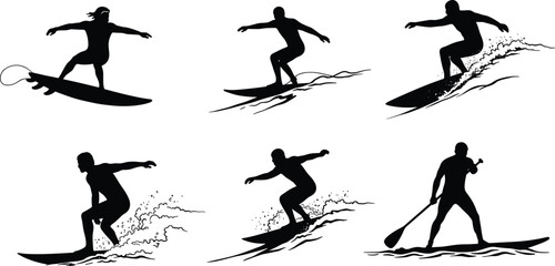 Collection of surfer silhouettes riding waves, isolated on a white background, dynamic water sports action.