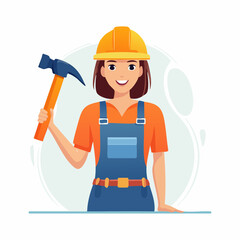 A smiling female construction worker in a yellow hard hat and blue overalls holding a hammer.