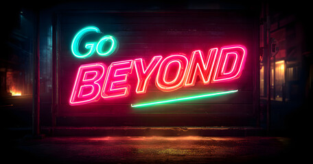 Bright neon sign displays words "Go Beyond". Pink, green hues illuminate dark background. Inspiring message, modern aesthetic.