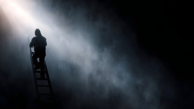 Silhouette climbing a ladder into a bright beam of light through smoky darkness