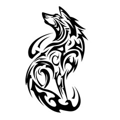 A bold black and white wolf tribal tattoo design featuring high contrast vector illustration with minimal shading and or
