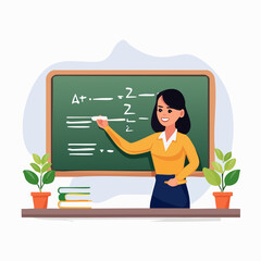 A smiling female teacher writes on a green blackboard with chalk, surrounded by potted plants and books in a classroom.