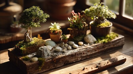 Zen Miniature Garden - Bonsai, Succulents, Moss, and Pebbles on a Rustic Wood Tray, Illuminated by Soft Window Light.