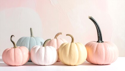 Pastel pumpkins gather in quiet harmony—pink, blue, yellow, and white resting gently on a light canvas, where autumn whispers in hues of softness and style.