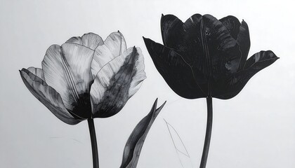 Two grayscale tulips, contrasting in shade