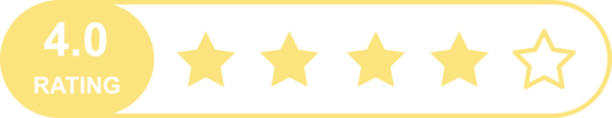 Flat yellow five star rating system icon with 4.0 score in box layout, customer feedback quality evaluation bar UI template, vector symbol isolated on transparent background, digital review platforms