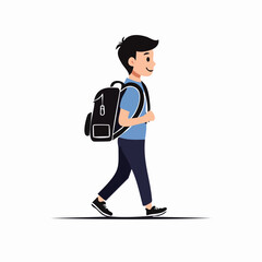 Illustration of a happy young student boy with black hair walking while carrying a large black backpack on a white background.