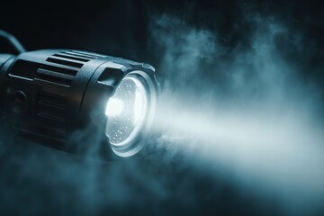 Powerful black flashlight emitting a bright beam of light through dense smoke in the dark.