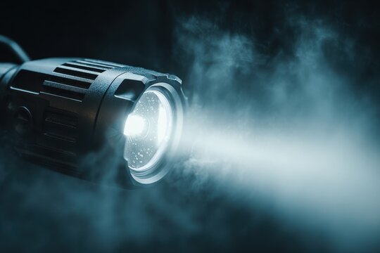 Powerful black flashlight emitting a bright beam of light through dense smoke in the dark. - Powered by Adobe