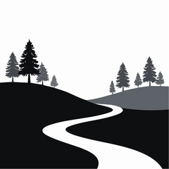 A winding white path curves through rolling hills dotted with evergreen trees under a clear sky.