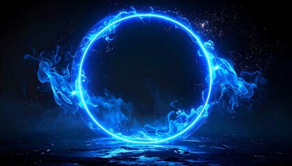 Circular blue neon frame on dark background
