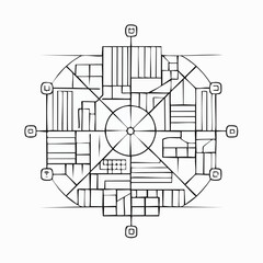 Abstract circular city plan with radial symmetry and geometric patterns.