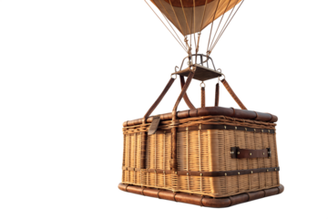 A vintage hot air balloon basket suspended in the air. The basket is made of woven wicker with leather straps and metal fittings.