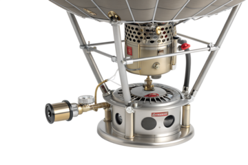 A close-up view of a hot air balloon burner. The metallic structure features a gas burner with visible controls and a mesh canopy. The background is black.