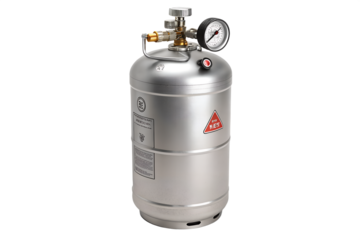 A silver gas cylinder with a pressure gauge and valve. The cylinder is cylindrical and metallic, designed for storing gases under pressure.