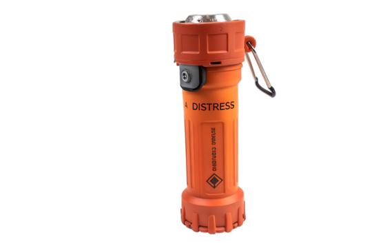 An orange flashlight with a textured grip and a carabiner clip. It is designed for outdoor use and emergency situations.