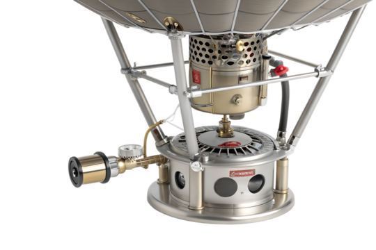 A close-up view of a hot air balloon burner. The metallic structure features a gas burner with visible controls and a mesh canopy. The background is black.