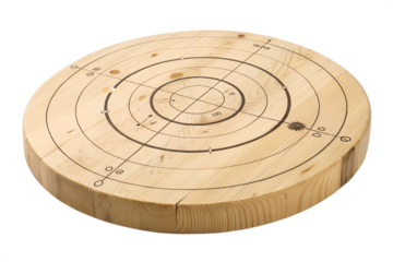 A round wooden target with concentric circles and measurement markings. The surface is smooth with natural wood grain and knots visible.