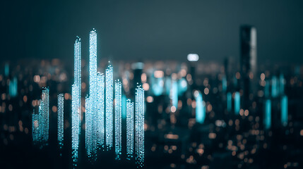 Digital cityscape with glowing data towers against a blurred urban skyline at night