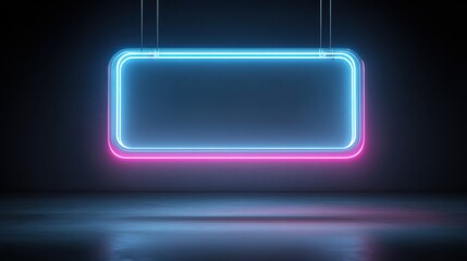 Hanging rectangular neon sign with blue and pink glow on a dark background