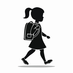 Black silhouette of a young girl with a ponytail and a backpack walking, depicting a student going to school.