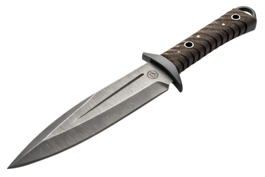 A sharp, stainless steel dagger with a textured brown handle. The blade features a double-edged design and a pointed tip, set against a black background.