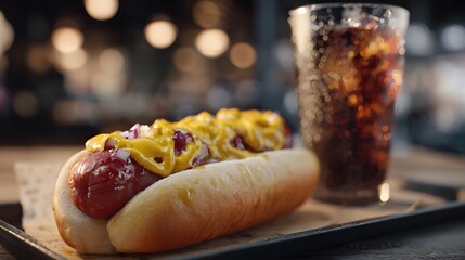 Appetizing hot dog topped with mustard and onion on a bun placed on a tray beside a refreshing glass of cola in a softly lit environment