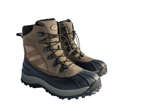 A pair of brown hiking boots with black soles. The boots have laces and are designed for outdoor activities. They are suitable for various terrains.