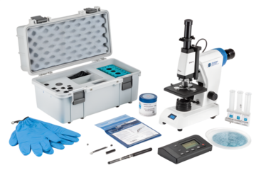 A laboratory microscope kit displayed on a black background. The kit includes a microscope, gloves, test tubes, and a manual.