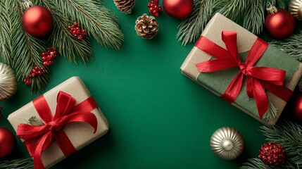 Festive gifts beautifully wrapped with vibrant ribbons and surrounded by holiday decorations, creating a warm and inviting atmosphere perfect for celebration and joy.