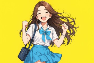 笑顔で喜びを表すアニメ調の女子学生、黄色背景