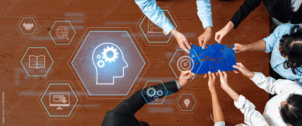 Poster A dynamic team collaborates to solve challenges through puzzle pieces, symbolizing unity and innovation in a modern workplace. Technology elements enhance the creative process. Trope
