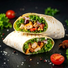 Two grilled chicken wraps with fresh vegetables
