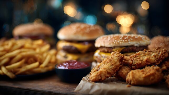 A close up view of a tempting spread of fast food including burgers crispy chicken nuggets and french fries with a bowl of ketchup - Powered by Adobe