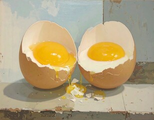 Two halved eggs, yolk spilling
