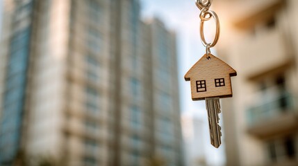 Keys symbolize home ownership and the essence of personal space, capturing the dream of finding the perfect dwelling amidst urban landscapes and modern architecture.