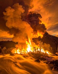 Fiery explosion over a rushing river