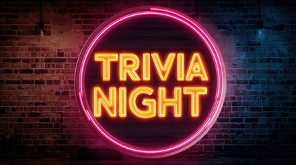 Vibrant neon sign illuminates a brick wall announcing trivia night excitement