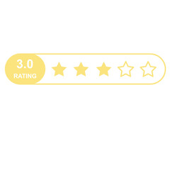 Flat yellow five star rating system icon with 3.0 score in box layout, customer feedback quality evaluation bar UI template, vector symbol isolated on transparent background, digital review platforms