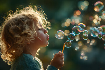 Young child blows soap bubbles in a lush green park on a sunny afternoon