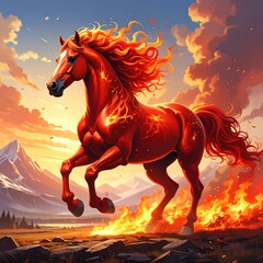 Fiery horse galloping in sunset landscape
