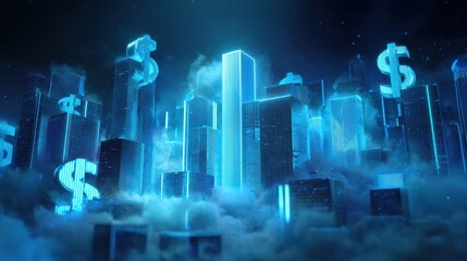 Naklejka premium Neon Cityscape of Finance - Glowing Dollar Signs and Futuristic Architecture in Blue Haze.