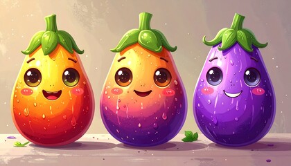 Cute cartoon eggplant trio