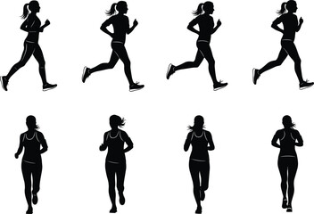 Running silhouette, jogging motion, athlete training, fitness exercise, outdoor activity, dynamic movement, vector illustration, black design, sport performance, health lifestyle