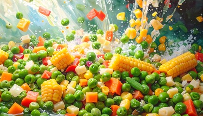 Colorful vegetables in a mix, splashing water