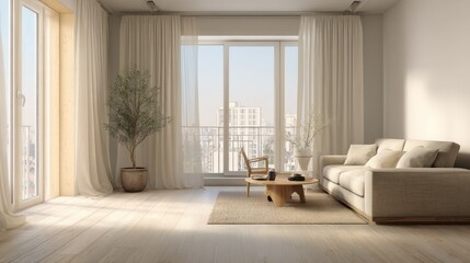 Bright and airy living room with neutral tones, featuring a comfortable sofa, stylish coffee table, and large windows