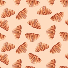 Seamless hand-drawn pattern of croissants on a light beige background