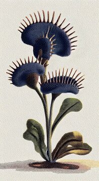 Stylized pointillism illustration of a carnivorous venus flytrap plant